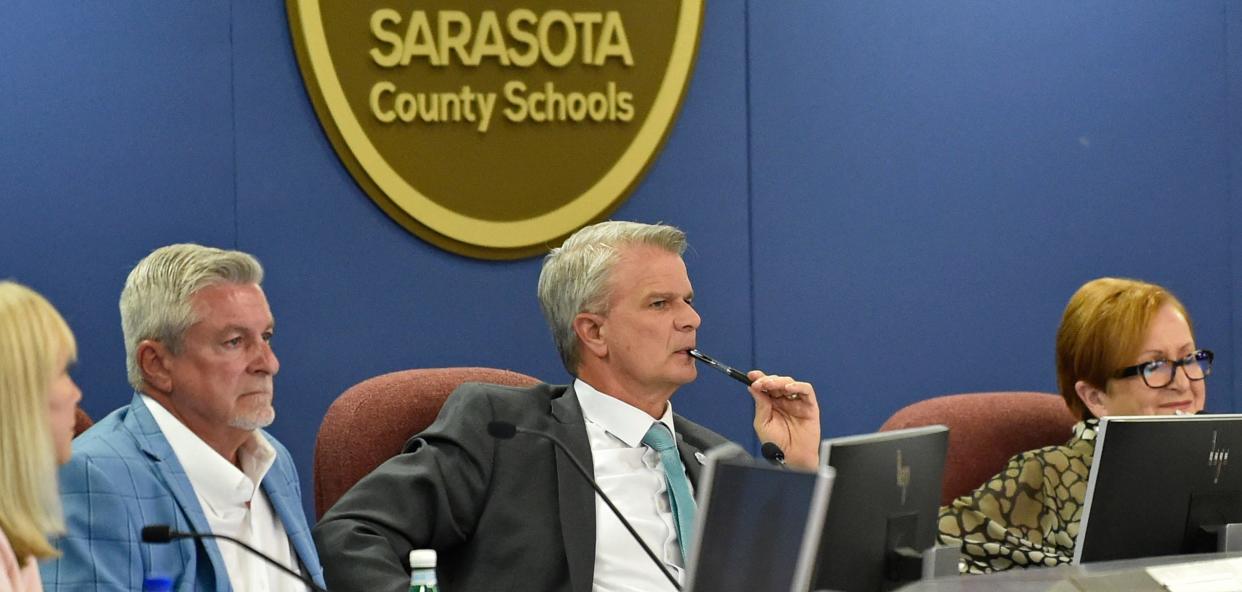 Sarasota County School superintendent Dr. Brennan Asplen, in center, listens intently to public comment   during the Sarasota County School Board meeting on Friday, May, 13, 2022.