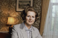FILE - British Prime Minister Margaret Thatcher poses for a photo in this 1980 photo. Two people are running to be Britain’s next prime minister, but a third presence looms over the contest: Margaret Thatcher. Almost a decade after her death, the late former prime minister casts a powerful spell over Britain's Conservative Party. In the race to replace Boris Johnson as Conservative leader and prime minister, both Foreign Secretary Liz Truss and former Treasury chief Rishi Sunak claim to embody the values of Thatcher. (AP Photo/File)