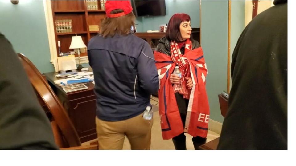 The FBI said video it obtained shows Tricia Monique LaCount inside then-House Speaker Nancy Pelosi's office on Jan. 6, 2021. This image is from an affidavit filed in support of the charge against her.