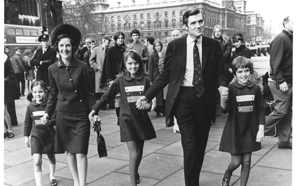 Cecil Parkinson arrives at the House of Commons as MP for Enfield West with his family following his victory in a by-election in 1970 - Corbis Historical