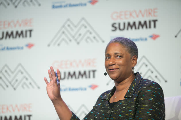 DreamBox Learning CEO Jessie Woolley-Wilson at the GeekWire Summit in November. (GeekWire Photo / Dan DeLong) <strong>Read the stories <a href="https://www.geekwire.com/2018/dreambox-learning-raises-130m-adds-former-u-s-education-secretary-board/" rel="nofollow noopener" target="_blank" data-ylk="slk:here;elm:context_link;itc:0;sec:content-canvas" class="link ">here</a> and <a href="https://www.geekwire.com/2018/dreambox-learning-ceo-jessie-woolley-wilson-explains-amazon-netflix-can-teach-us-learning/" rel="nofollow noopener" target="_blank" data-ylk="slk:here;elm:context_link;itc:0;sec:content-canvas" class="link ">here</a>.</strong>