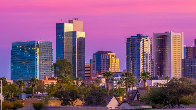 Downtown Phoenix skyline at dusk.