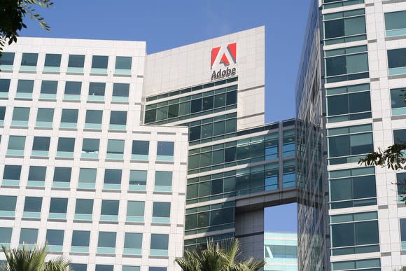 Adobe headquarters building with logo near the top