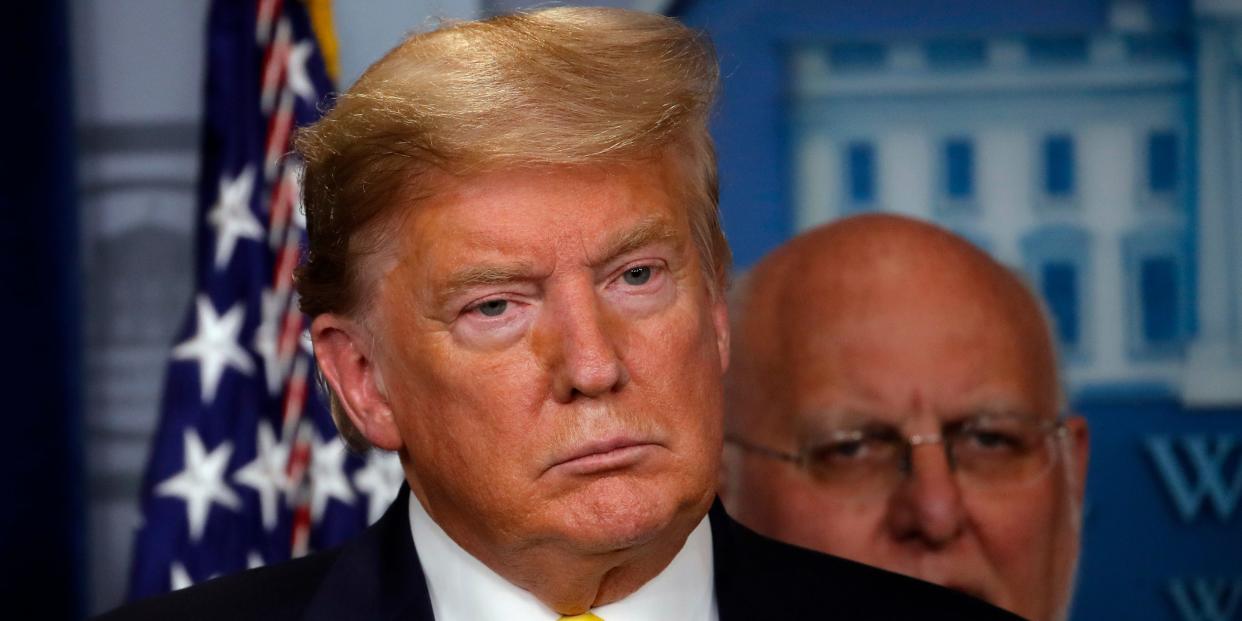 President Donald Trump listens in the briefing room of the White House in Washington, Monday, March, 9, 2020, as Vice President Mike Pence speaks about the coronavirus outbreak. (AP Photo/Carolyn Kaster)