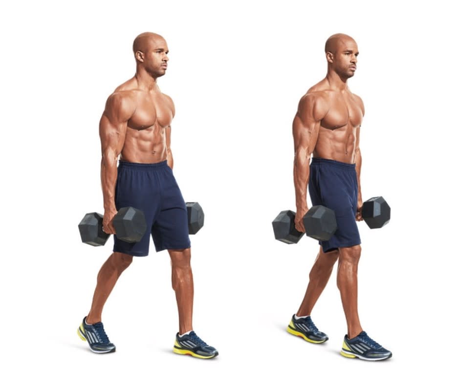 <p>Pick up the heaviest set of dumbbells you can handle and walk. Squeeze the handles hard and walk with your chest out and shoulders back. If you don’t have the space to walk in a straight line, walk in a figure-eight pattern for time or rounds. Repeat.</p>