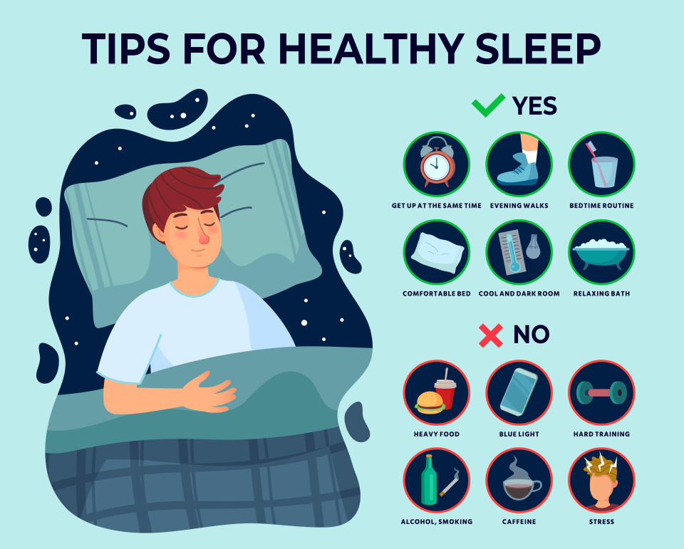 Healthy sleep tips infographics. Causes of insomnia, good sleep rules and man sleeps on pillow vector illustration. Healthy care recommendation for good sleep