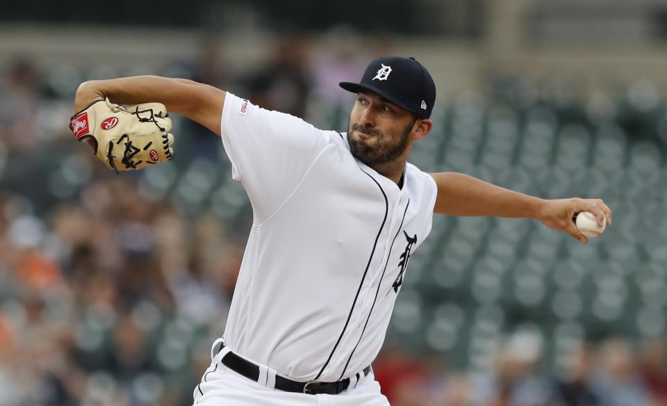 Detroit Tigers starting pitcher Ryan Carpenter throws during the first inning of the team's baseball game against the Tampa Bay Rays, Tuesday, June 4, 2019, in Detroit. (AP Photo/Carlos Osorio)