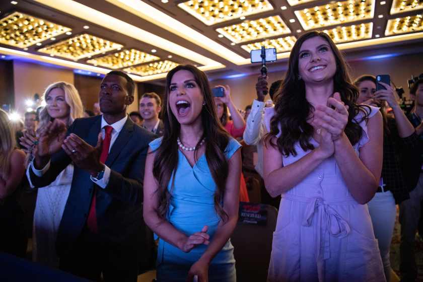 Supporters of US President Donald Trump cheer as he appears on stage before addressing the Turning Point USAs Teen Student Action Summit in Washington, DC, on July 23, 2019. (Photo by NICHOLAS KAMM / AFP) (Photo credit should read NICHOLAS KAMM/AFP via Getty Images)