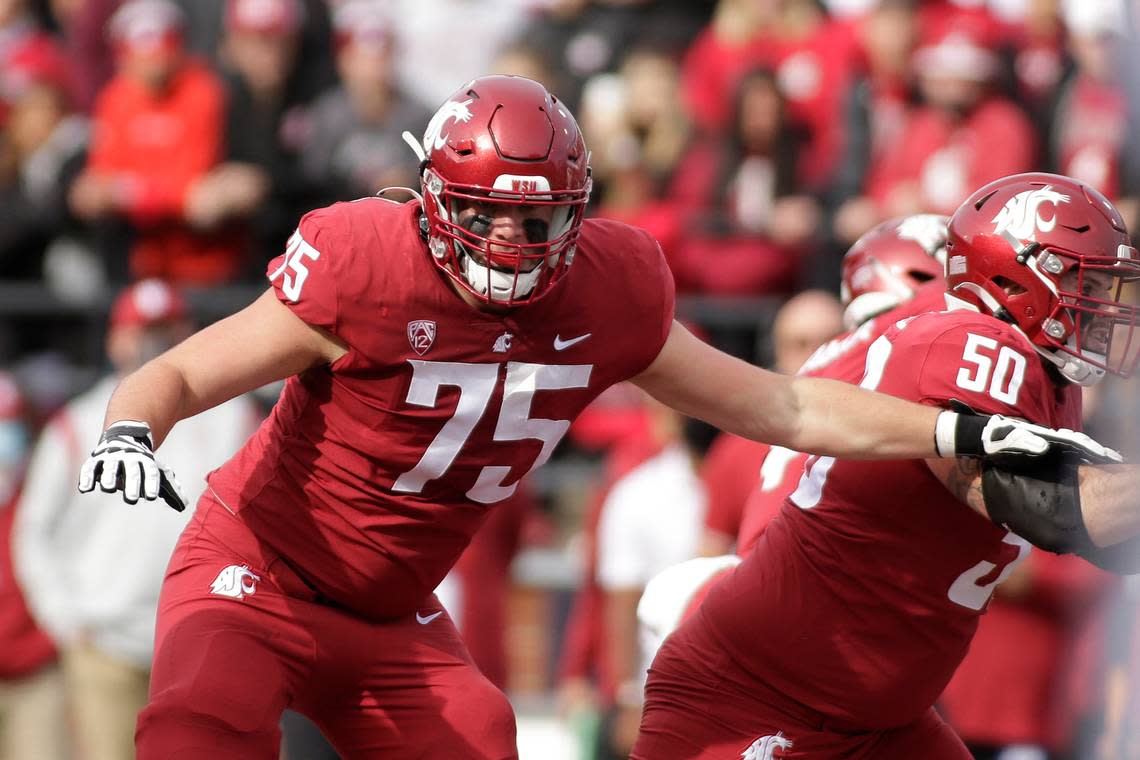 Washington State offensive lineman Cade Beresford (75) prepares to block during the first half of an NCAA college football game against BYU, Saturday, Oct. 23, 2021, in Pullman, Wash. (AP Photo/Young Kwak)