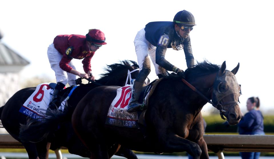 Sierra Leone, ridden by Tyler Gaffalione, gets the win and Just A Touch, ridden by Florent Geroux, gets place in the 100th Running of The Toyota Blue Grass at Keeneland Saturday afternoon. .
April 6, 2024