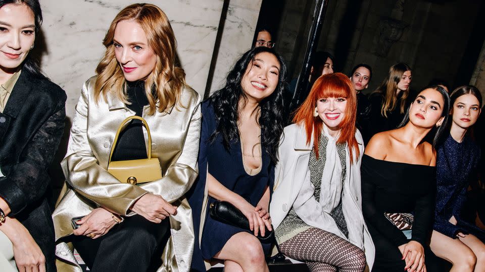 Uma Thurman, Awkwafina, Natasha Lyonne and Geraldine Viswanathan attend the Tory Burch runway show, held at the New York Public Library on February 12. - Nina Westervelt/WWD/Getty Images