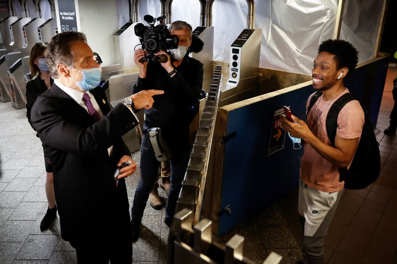 New York Governor Cuomo rides subway in Manhattan on first day of phase one reopening in New York City