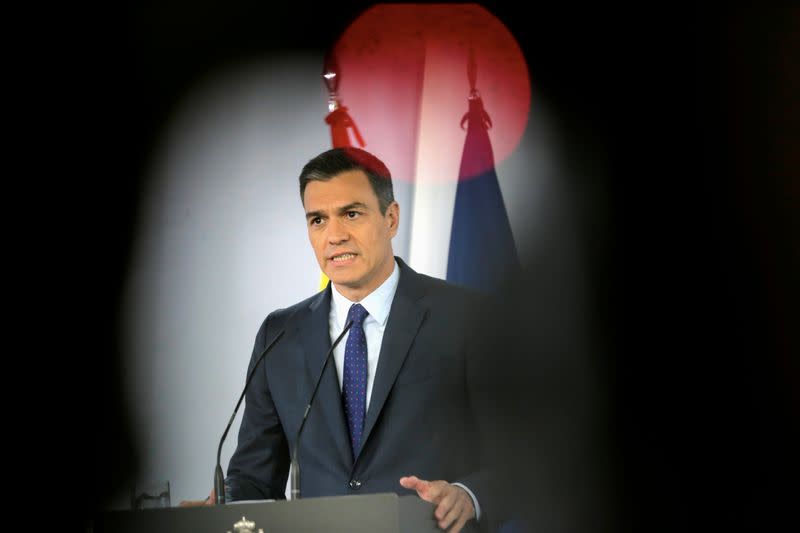 FILE PHOTO: Spanish PM Sanchez attends a news conference at the Moncloa Palace in Madrid