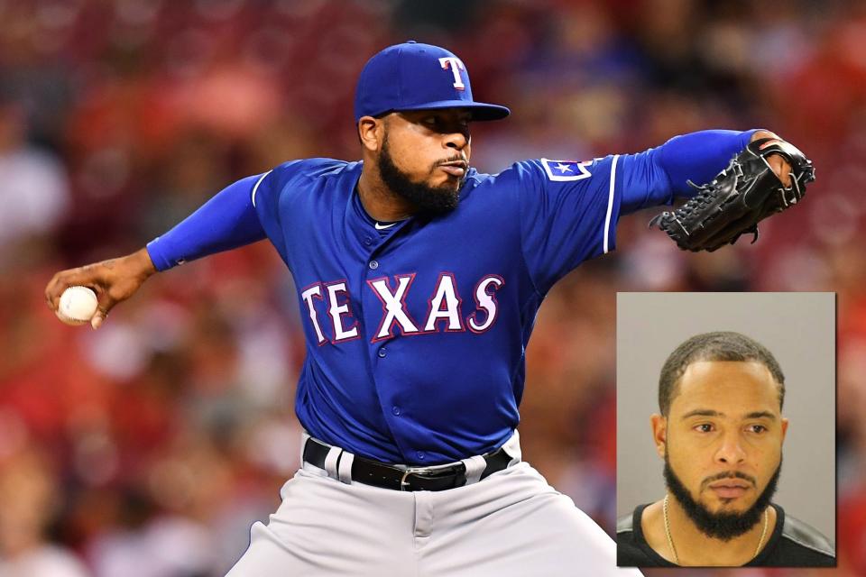 Texas Rangers pitcher Jeremy Jeffress on the mound and in his mugshot. (Getty Images/WFAA)