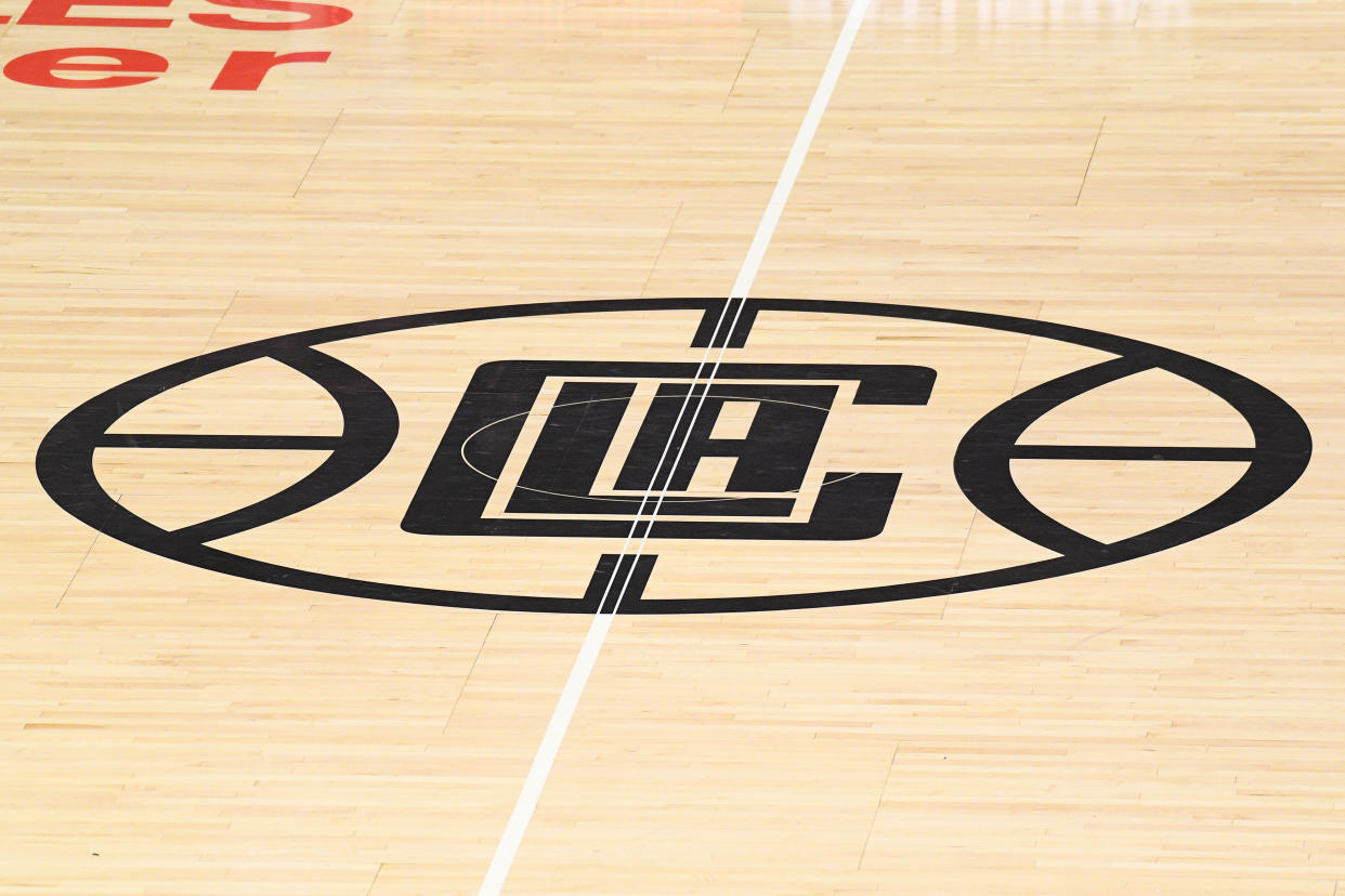 LOS ANGELES, CA - MARCH 08: The Los Angeles Clippers logo on the court during a NBA game between the Los Angeles Lakers and the Los Angeles Clippers on March 8, 2020 at STAPLES Center in Los Angeles, CA. (Photo by Brian Rothmuller/Icon Sportswire via Getty Images)