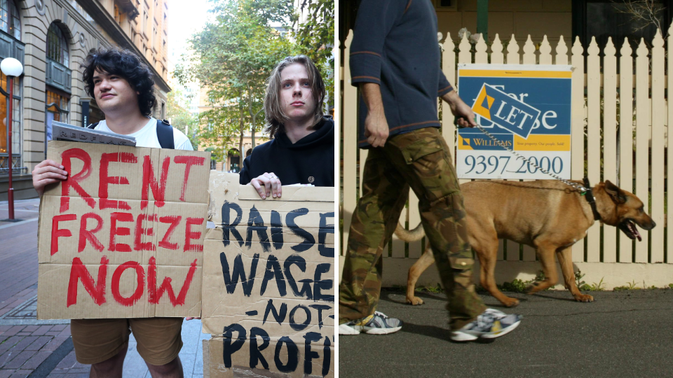 two students hold placards that say rent freeze now - a man walks a dog past a for lease sign