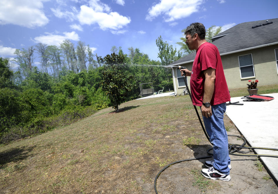Homeowner Darren Kelly uses a garden hose to keep vegetation near his home wet in the Suncoast Lakes subdivision Tuesday, April 11, 2017 in Land O' Lakes, Fla. The Silver Palms Fire burned close to homes Tuesday forcing residents to use garden hoses on vegetation and roofs around their property. (Chris Urso/The Tampa Bay Times via AP)