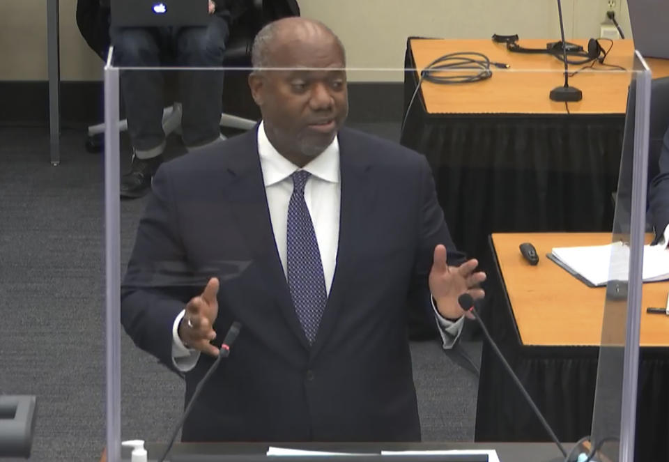 In this image from video, prosecutor Jerry Blackwell, gives a rebuttal during closing arguments as Hennepin County Judge Peter Cahill presides Monday, April 19, 2021, in the trial of former Minneapolis police Officer Derek Chauvin, in the May 25, 2020, death of George Floyd at the Hennepin County Courthouse in Minneapolis, Minn. (Court TV via AP, Pool)