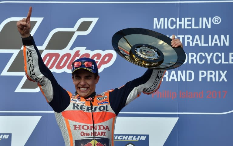 Honda rider Marc Marquez of Spain celebrates his victory at the end of the Australian MotoGP race, at Phillip Island, on October 22, 2017