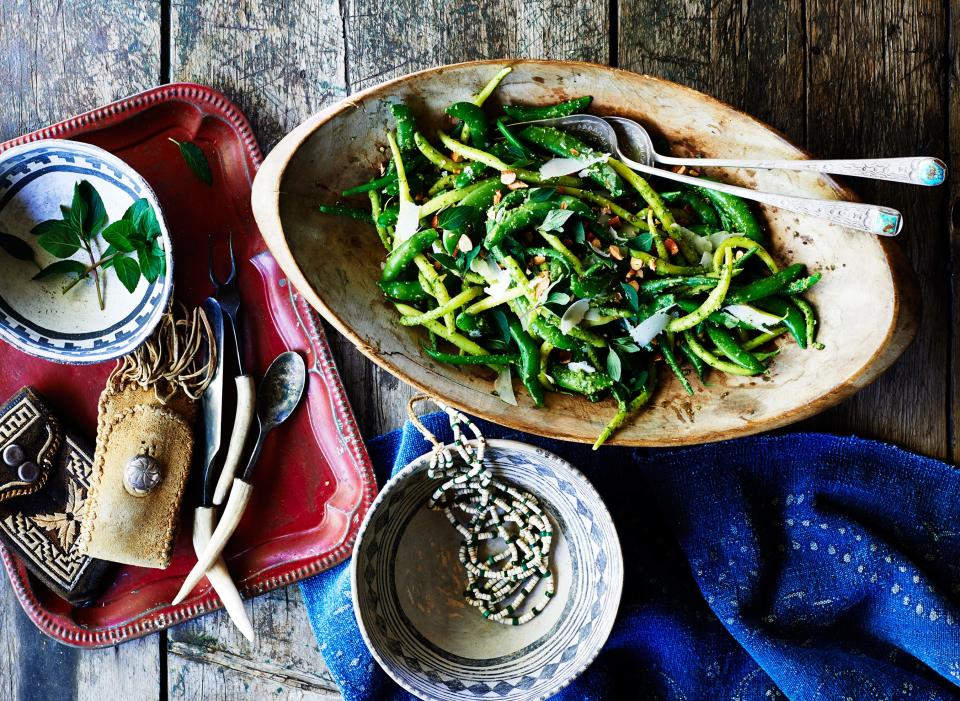 When not using this pesto to dress this very green salad, you could schmear it on just about any sandwich, or stir it into scrambled eggs. <a rel="nofollow noopener" href="https://www.bonappetit.com/recipe/snap-peas-green-beans-arugula-mint-pesto?mbid=synd_yahoo_rss" target="_blank" data-ylk="slk:See recipe.;elm:context_link;itc:0;sec:content-canvas" class="link ">See recipe.</a>