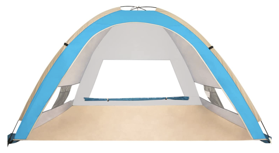 Venustas Pop-Up Beach Tent with beige and blue tarp (Photo via Amazon)