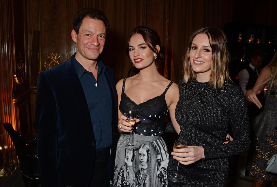 LONDON, ENGLAND - OCTOBER 30:  (L to R) Dominic West, Lily James and Laura Carmichael attend the Harper's Bazaar Women Of The Year Awards 2018, in partnership with Michael Kors and Mercedes-Benz, at Claridge's Hotel on October 30, 2018 in London, England.  (Photo by David M. Benett/Dave Benett/Getty Images for Harper's Bazaar/Hearst UK) 