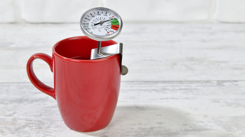 Coffee mug with thermometer inside