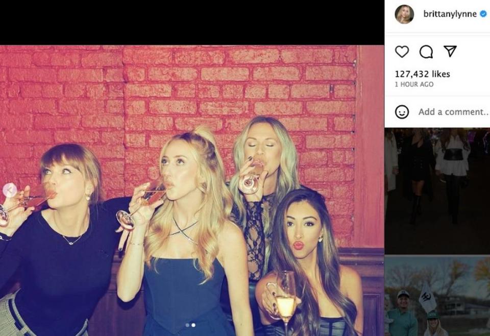 A night of fun in New York: From left, Taylor Swift and NFL wives Brittany Mahomes, Lindsay Bell and Paige Buechele. Instagram screengrab/Brittany Mahomes