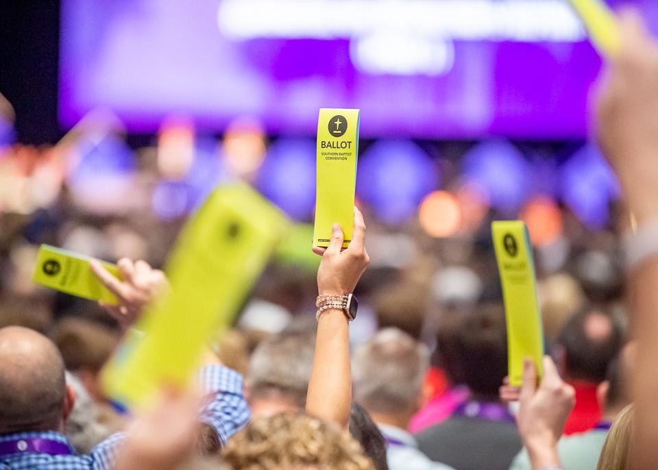 Delegates voting at the Southern Baptist Convention at the New Orleans Ernest N Morial Convention Center. Tuesday, June 13, 2023.