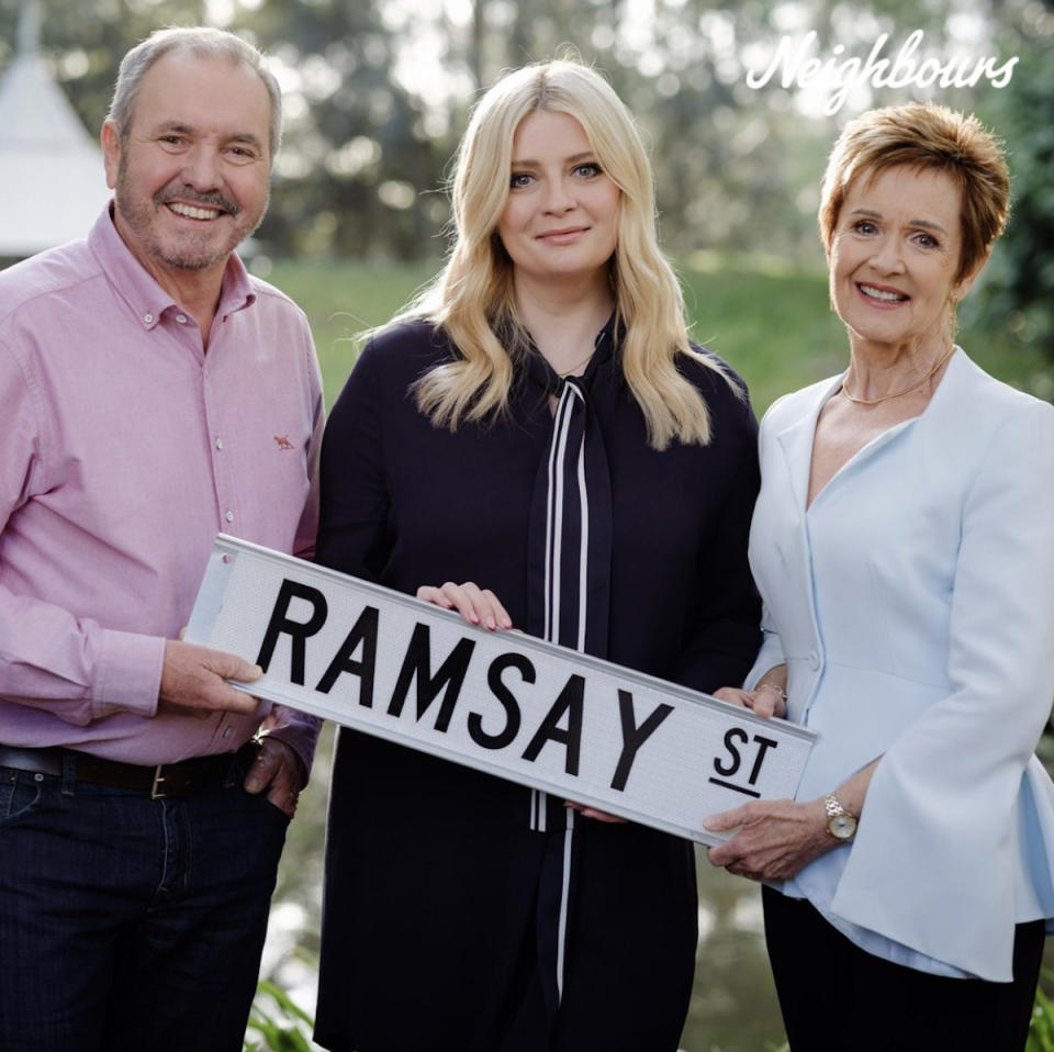 The O.C.'s Mischa Barton (Pictured with Alan Fletcher and Jackie Woodburne) is joining the show playing American Reece Sinclair who is described as dynamic and unpredictable. Photo: Instagram/@neighbours