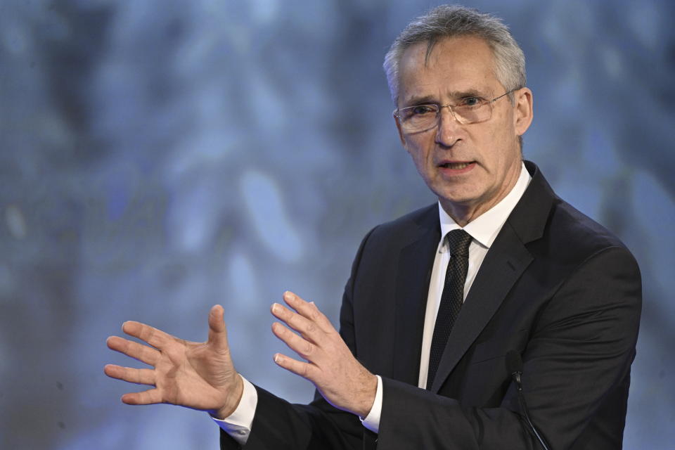 NATO Secretary General Jens Stoltenberg speaks during the annual Society and Defence Conference in Salen, Sweden, Sunday, Jan. 8, 2023. (Henrik Montgomery/TT News Agency via AP)