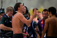 LONDON, ENGLAND - JULY 28: Ryan Lochte of the United States reacts after he won the Final of the Men's 400m Individual Medley on Day 1 of the London 2012 Olympic Games at the Aquatics Centre on July 28, 2012 in London, England. (Photo by Clive Rose/Getty Images)