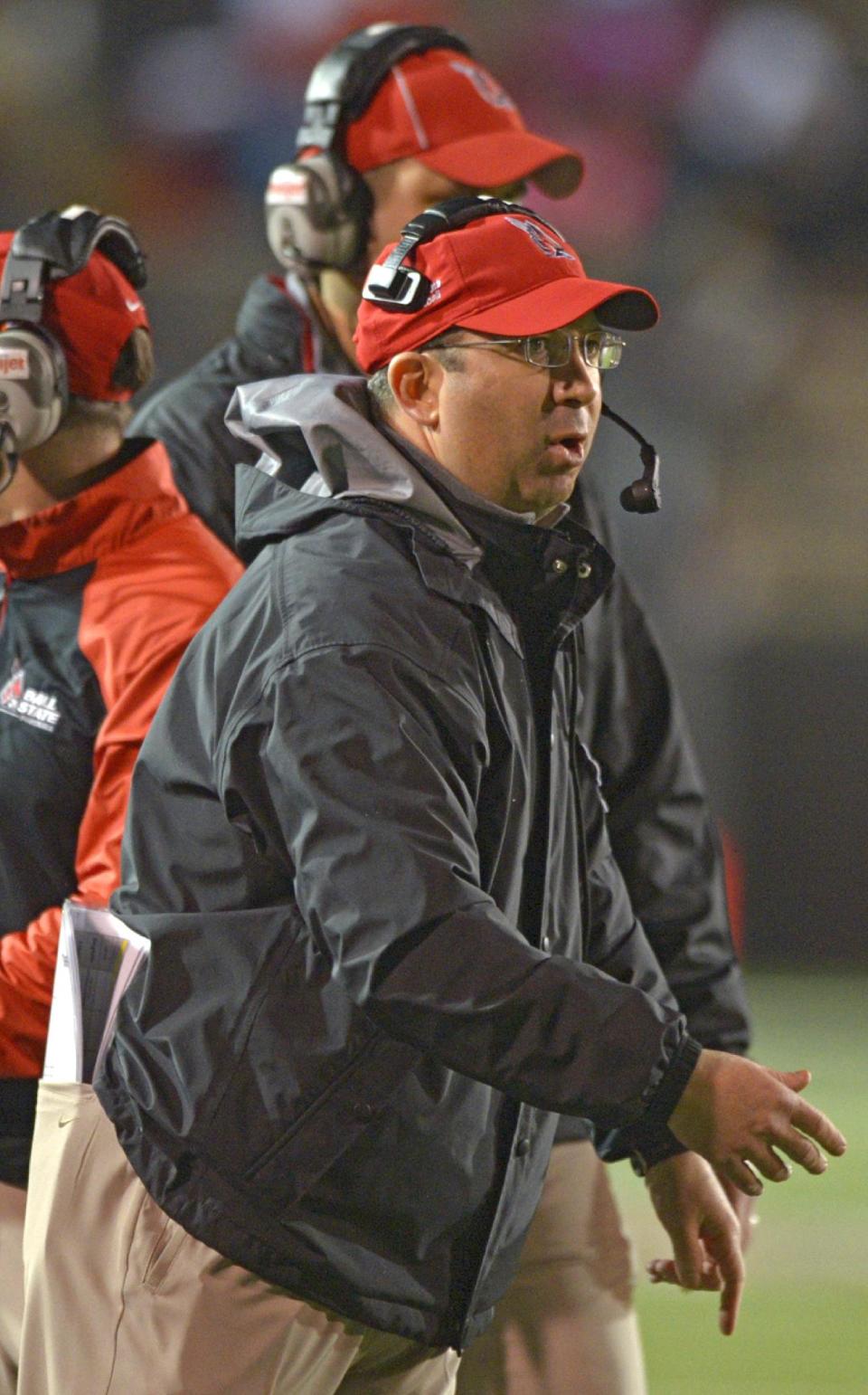 Ball State head coach Pete Lembo watches as his team takes on Arkansas State in the first quarter of the GoDaddy Bowl NCAA college football game in Mobile, Ala., Sunday, Jan. 5, 2014. (AP Photo/G.M. Andrews)
