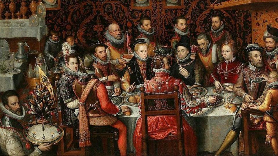 <em>El monarca y su sobrina Ana durante un banquete con familiares y cortesanos</em>, por Alonso Sánchez Coello. <a href="https://commons.wikimedia.org/wiki/File:S%C3%A1nchez_Coello_Royal_feast.jpg" rel="nofollow noopener" target="_blank" data-ylk="slk:Museo Nacional de Varsovia / Wikimedia Commons;elm:context_link;itc:0;sec:content-canvas" class="link ">Museo Nacional de Varsovia / Wikimedia Commons</a>