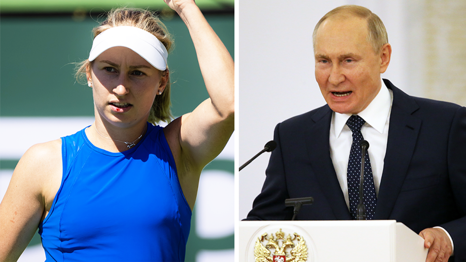 Tennis star Daria Saville (pictured left) celebrating a point and (pictured right) Russian president Vladimir Putin.