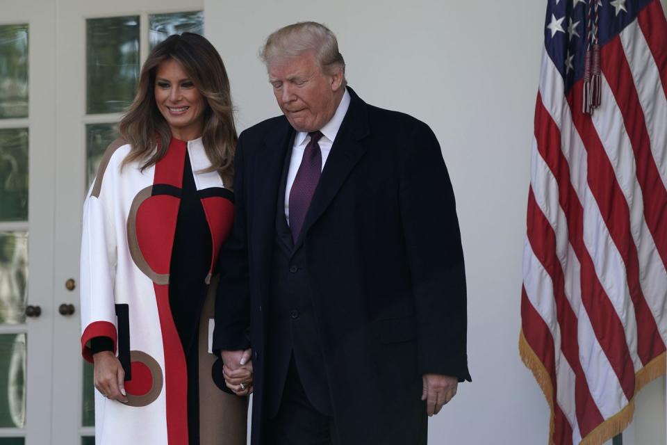 <p>Melania went with this bold, graphic coat by Dior for her second turkey pardoning as out First Lady in November 2018. </p>