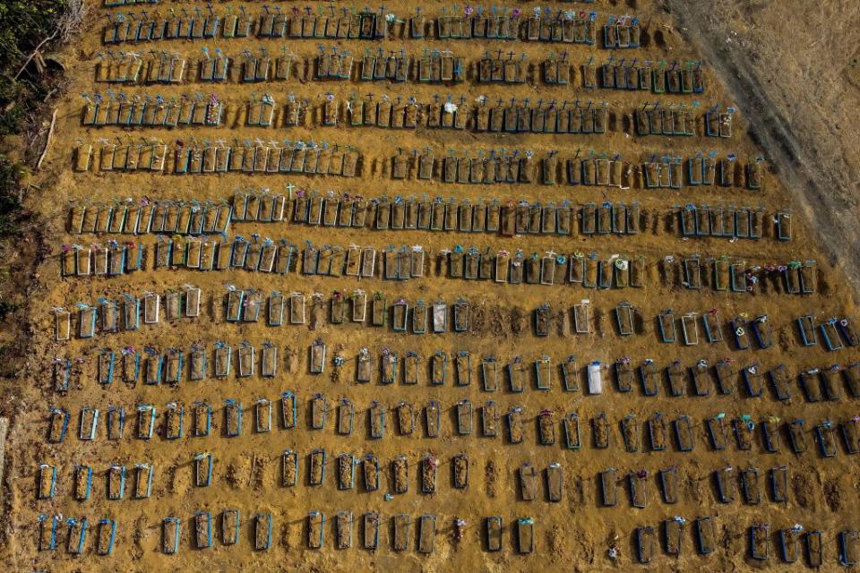 Aerial view showing graves in the Nossa Senhora Aparecida cemetery in Manaus, Brazil.