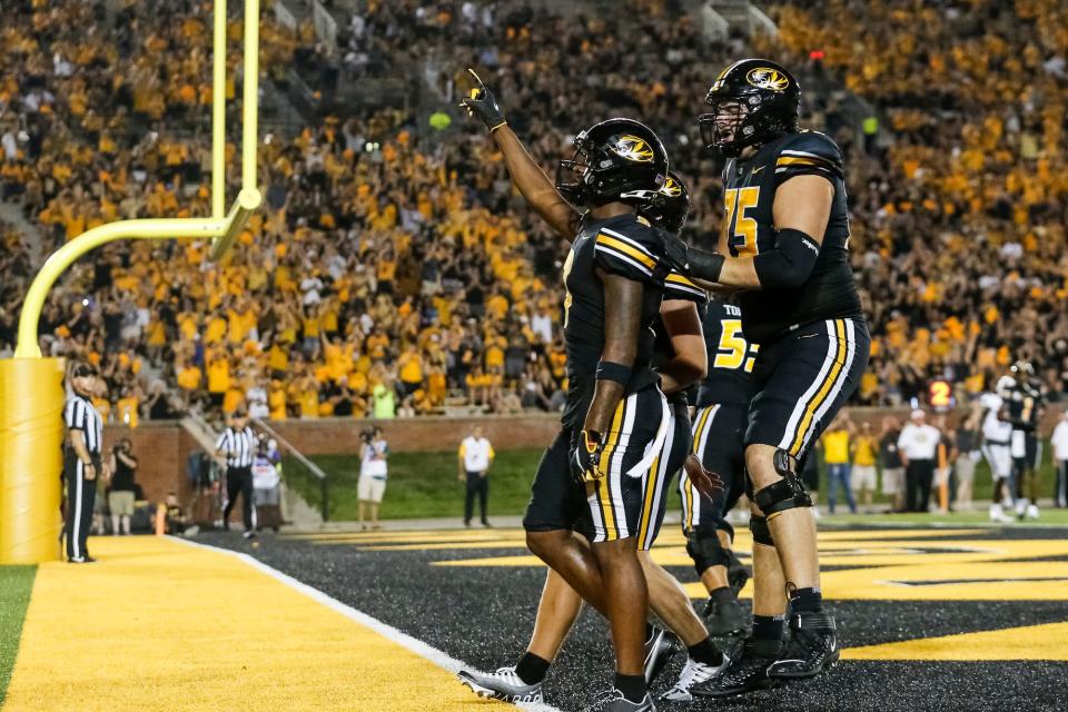 Missouri wide receiver Luther Burden III (3) celebrates after scoring a touchdown during the Tigers' game against Louisiana Tech on Sept. 1 at Faurot Field.