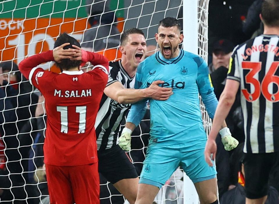 Despite conceding four goals, Martin Dubravka had an outstanding night at Anfield including saving Mo Salah’s first-half penalty (Reuters)