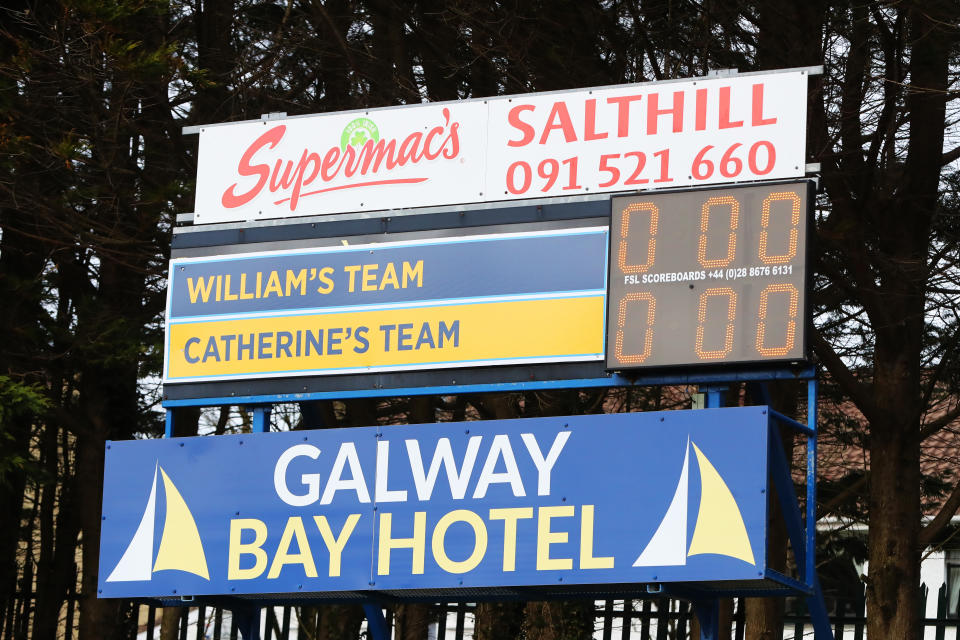 A special scoreboard lit up for the arrival of the Duke and Duchess of Cambridge for a visit to the club to learn more about traditional sports during the third day of their visit to the Republic of Ireland. PA Photo. Picture date: Thursday March 5, 2020. See PA story ROYAL Cambridge. Photo credit should read: Niall Carson/PA Wire 