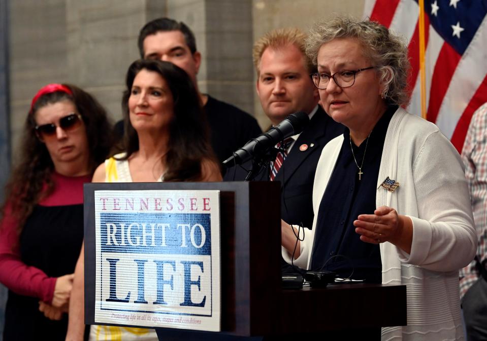 Stacy Dunn Tennessee President of the Right to Life, speaks during a press conference after the United States Supreme Court overturned Roe v. Wade, ending constitutional right to abortion on Friday, June 24, 2022, in Nashville, Tenn.  