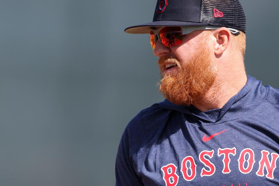 Feb 15, 2023; Fort Myers, FL, USA;  Boston Red Sox third baseman Justin Turner (2) participates in spring training workouts at Fenway South Player Development Complex. Mandatory Credit: Nathan Ray Seebeck-USA TODAY Sports