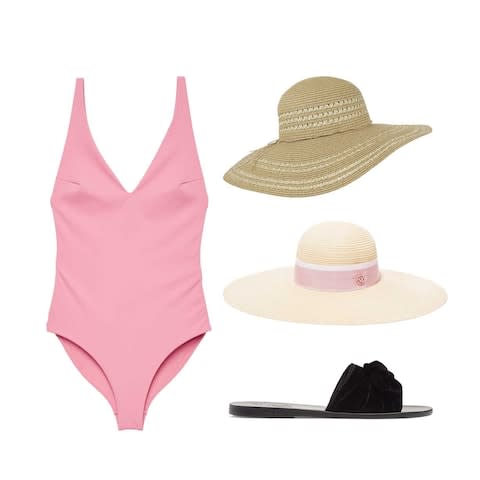 Blanche grosgrain-trimmed hemp sunhat, Maison Michel £530 Net-a-porter.com, Two-tone floppy hat, £17, Accesorize, Taygete bow-embellished velvet and leather slides, £150, Ancient Greek Sandals Matchesfashion, V neck swimsuit, £35 COS