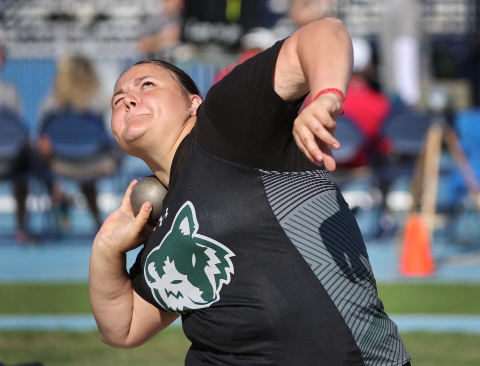 Green Canyon’s Abigail Blau wins the 4A girls shot put during the Utah high school track and field championships at BYU in Provo on Friday, May 19, 2023. | Jeffrey D. Allred, Deseret News