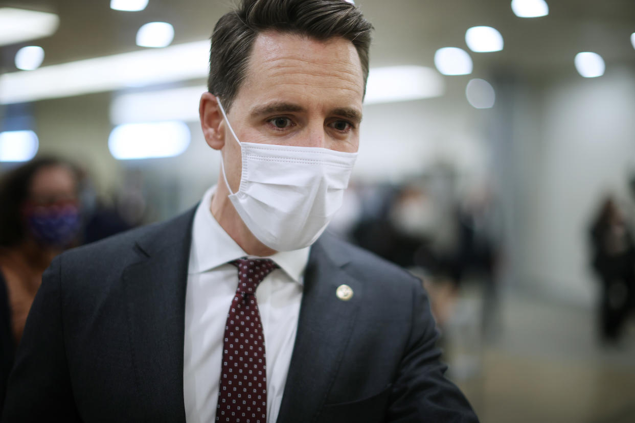 Sen. Josh Hawley (R-MO) arrives at the U.S. Capitol on the third day of former President Donald Trump's impeachment trial on February 11, 2021 in Washington, DC. (Chip Somodevilla/Getty Images)