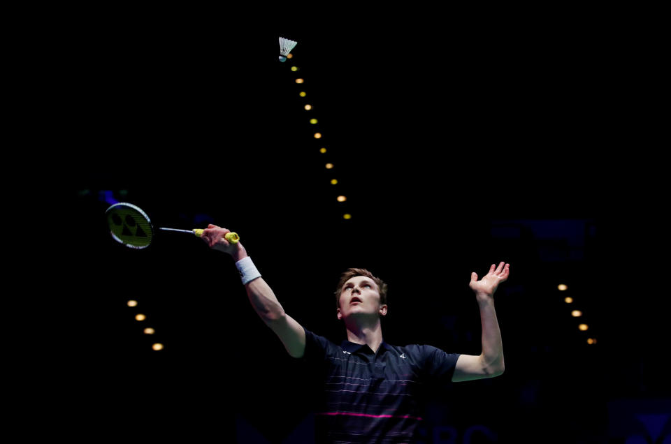 Denmark's Viktor Axelsen in action during the men's badminton final against Japan's Kento Momota in&nbsp;Birmingham, Britain, on&nbsp;March 10, 2019. (Photo: Andrew Boyers/Reuters)