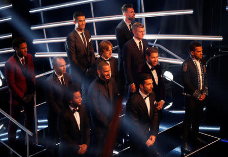 Soccer Football - The Best FIFA Football Awards - London Palladium, London, Britain - October 23, 2017 Paris Saint-Germain’s Neymar, Real Madrid’s Cristiano Ronaldo, Barcelona’s Lionel Messi, Barcelona’s Andres Iniesta, Real Madrid’s Luka Modric, Real Madrid’s Toni Kroos, Paris Saint-Germain’s Dani Alves, Real Madrid’s Sergio Ramos, AC Milan's Leonardo Bonucci, Real Madrid’s Marcelo and Juventus’ Gianluigi Buffon are selected in the FIFA FIFPro World 11 during the awards Action Images via Reuters/John Sibley