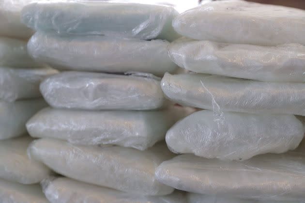 The powdered drug was found in packages that you’d see sold on the street with identifying logos, said police. Packets of fentanyl, mostly in powder form, are seen after an unrelated seizure by border patrol officers in Arizona.  (Photo: Handout . via Reuters)