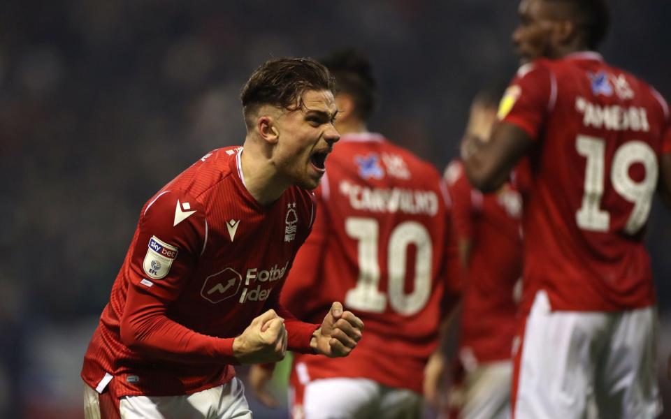 Nottingham Forest's Matty Cash celebrates after his side score their first goal during the Sky Bet Championship match at the City Ground, Nottingham. PA Photo. Picture date: Wednesday January 22, 2020. - PA