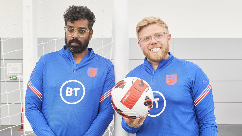 Rob Beckett and Romesh Ranganathan meet the England team as they prepare for the World Cup in Qatar. (Sky UK)